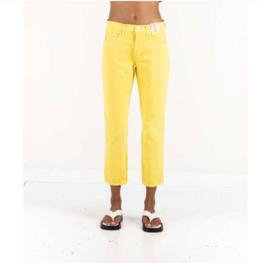 AMO Tomboy Crop Button Fly Jeans in Mimosa Yellow Size 29